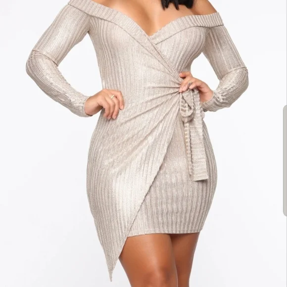Luxxel Dresses | Luxxel Gold Metallic Wrap Dress Small Gold Bodycon Cocktail Dress. | Color: Cream/Silver | Size: S | Bellafashionist's Closet
